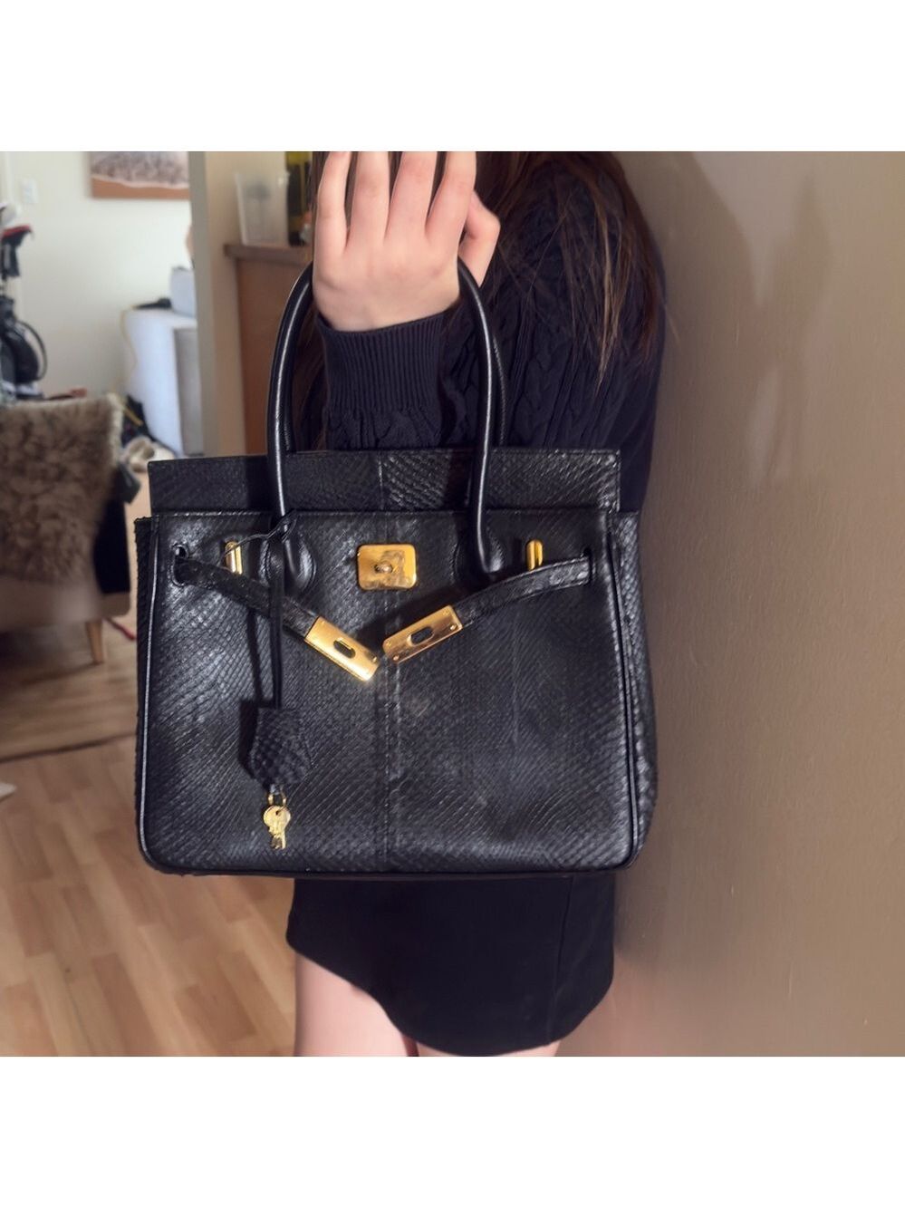 Structured Black Leather Satchel with Gold-Tone Hardware snake skin - Picture 2 of 16